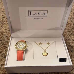 Gold Watch with Coral Strap and Necklace Set